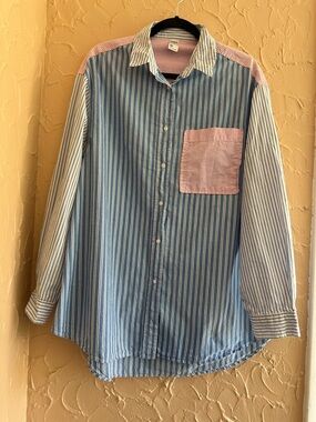 Oversized Striped Blue and Pink Contrast Pocket Button-Up Shirt 100% cotton